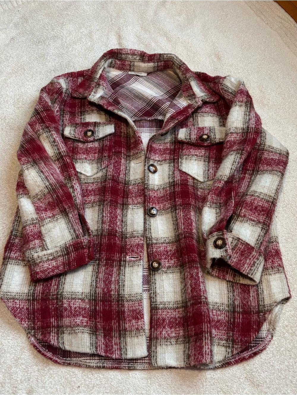Veveret Plaid Flannel Overshirt Shacket Jacket Red Cream Burgundy Large